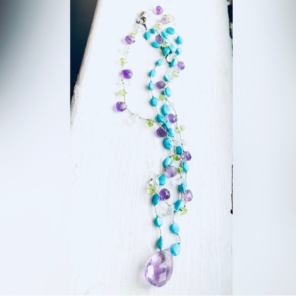 Amethyst Turquoise Necklace🦋💜 with Amethyst, Quartz, Peridot💚💜🤍Necklace - Picture 5 of 8